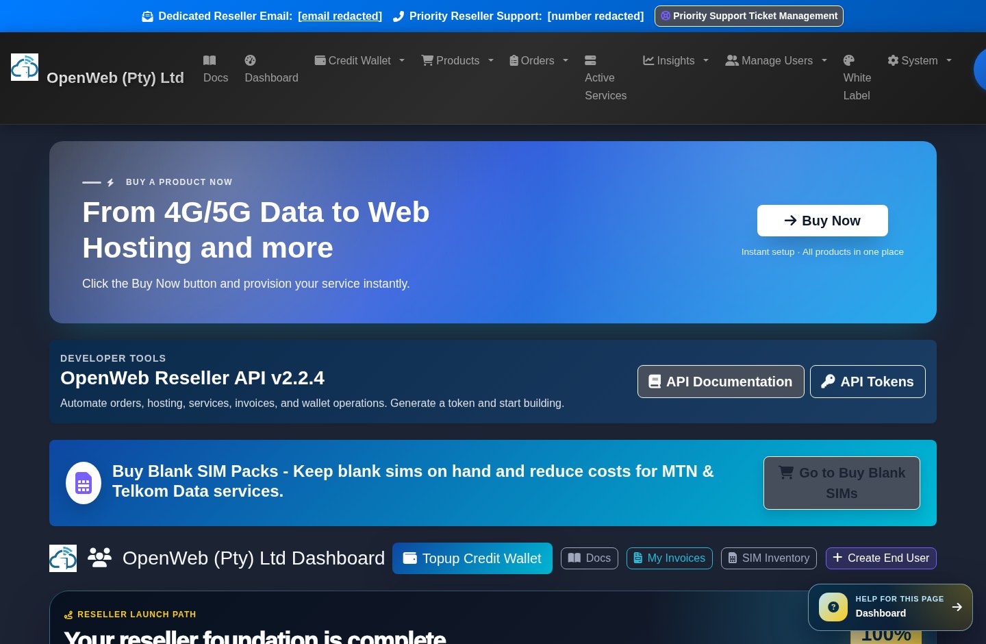 Current OpenWeb reseller panel screenshot: Reseller dashboard